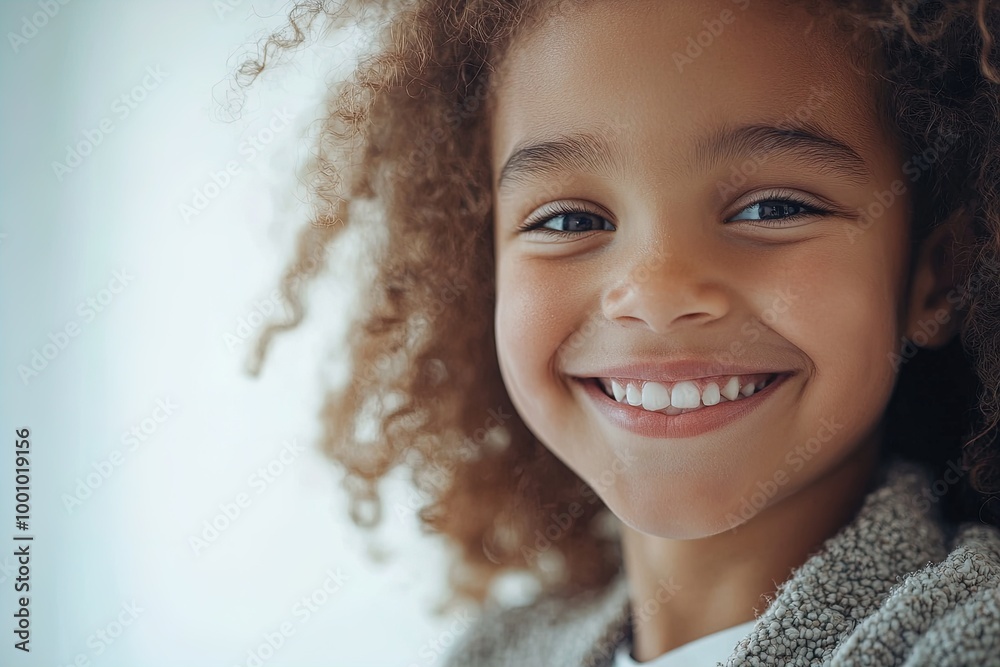 A Young Child With Curly Hair Smiles Warmly in a Bright Indoor Setting During the Afternoon A Young Child With Curly Hair Smiles Warmly in a Bright Indoor Setting During the Afternoon