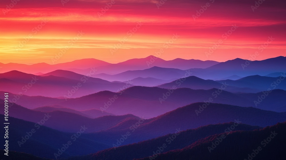 Fototapeta premium Stunning Sunset Over Rolling Mountain Ranges with Vibrant Colors and Layers of Peaks