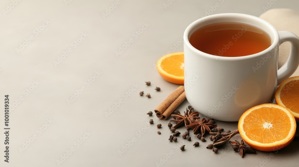 Comforting Hot Tea with Orange Slices and Cinnamon Sticks on a Minimalist Background