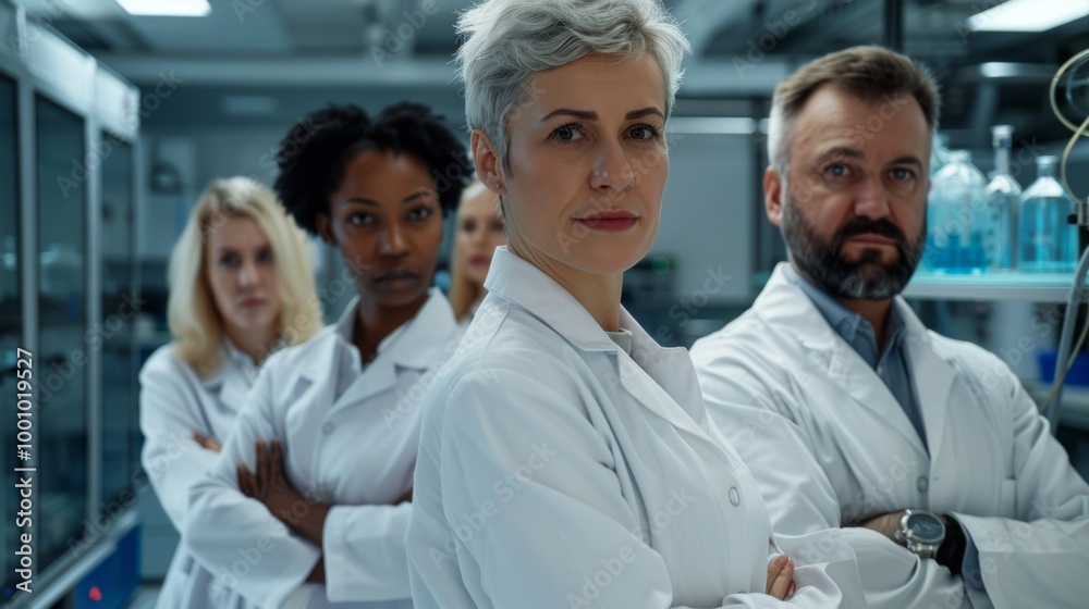 A group of scientists are standing in a lab, with one of them wearing a watch A group of scientists are standing in a lab, with one of them wearing a watch