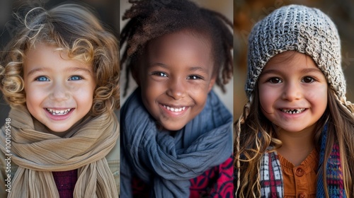 Three joyful children from different ethnic backgrounds, smiling warmly