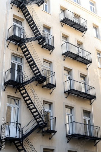 Intricate fire escape on old apartment building