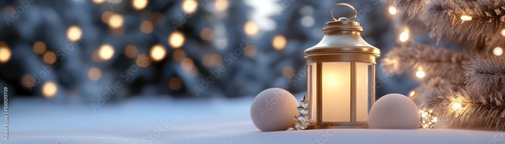 Cozy Snowy Christmas Lantern with Warm Lights and Holiday Ornaments in Winter Landscape Cozy Snowy Christmas Lantern with Warm Lights and Holiday Ornaments in Winter Landscape
