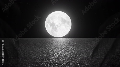 Looking to the Moon and Sea with Sky Stars in  4k Resolution.	 photo