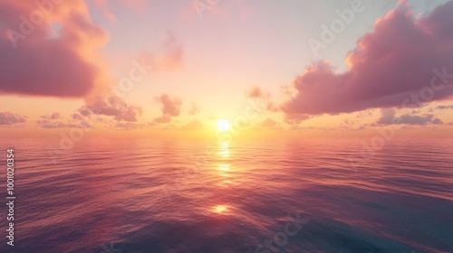 Sunset over the ocean with pink clouds and a golden glow