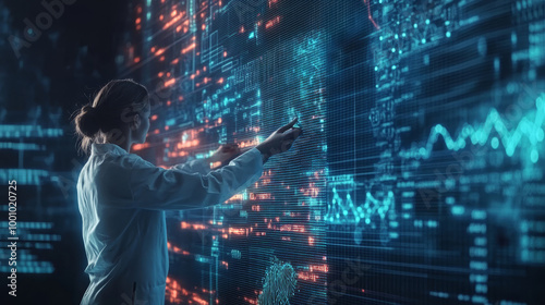 Wallpaper Mural A scientist works at a computer, analyzing complex data sets. Graphs, algorithms, appear on screens, representing data mining, machine learning, and business analytics in a high-tech environment. Torontodigital.ca