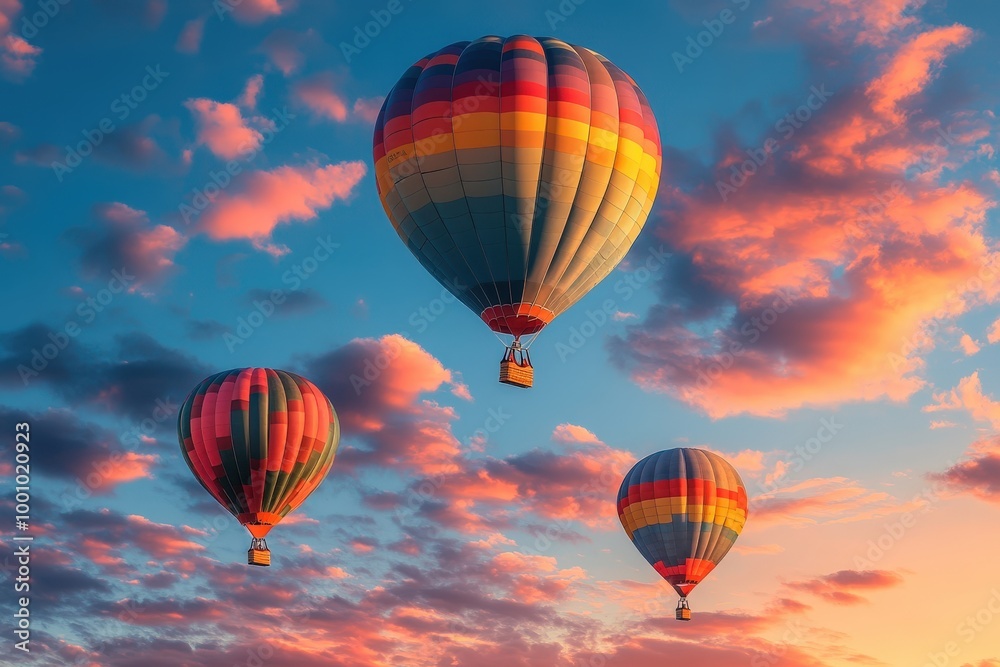 Obraz premium Colorful hot air balloons soaring in dramatic sky