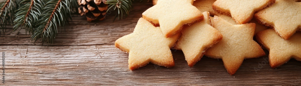 Freshly Baked Christmas Star Cookies on Rustic Wooden Table with Festive Freshly Baked Christmas Star Cookies on Rustic Wooden Table with Festive