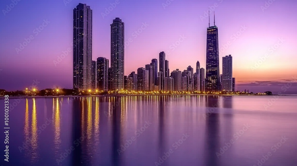 Obraz premium Stunning sunset over Chicago skyline reflecting on Lake Michigan