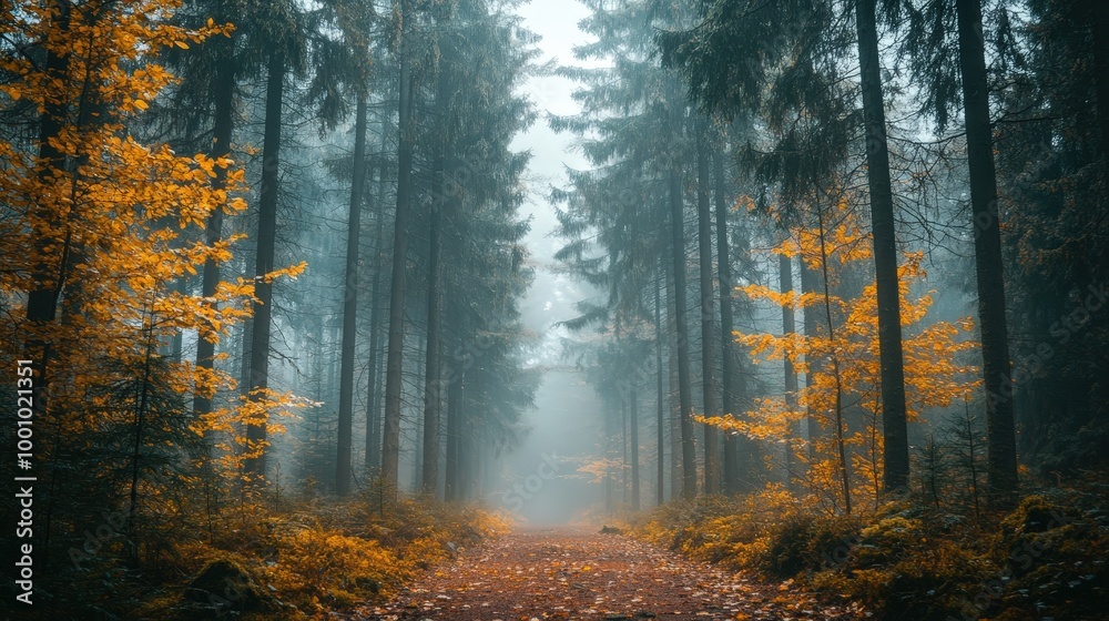 Fototapeta premium Misty Forest Path with Tall Trees and Autumn Leaves