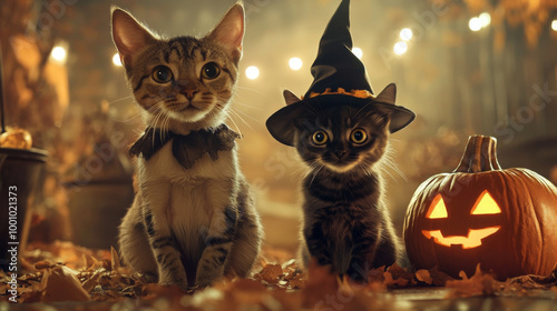 A cute dog and cat are dressed up for Halloween, ready for a fun party.