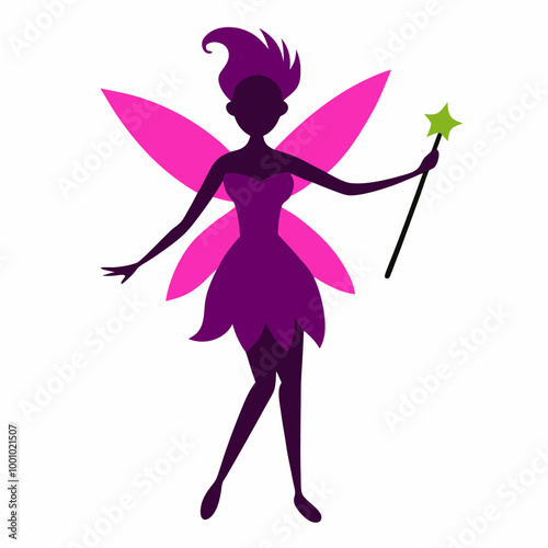 Magical fairy with her wand full body silhouette vector illustration on white background