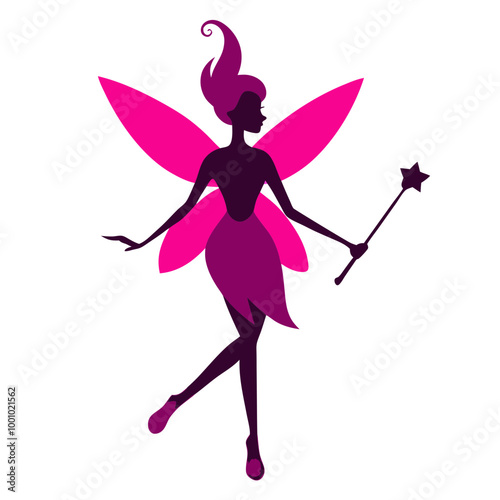 Magical fairy with her wand full body silhouette vector illustration on white background