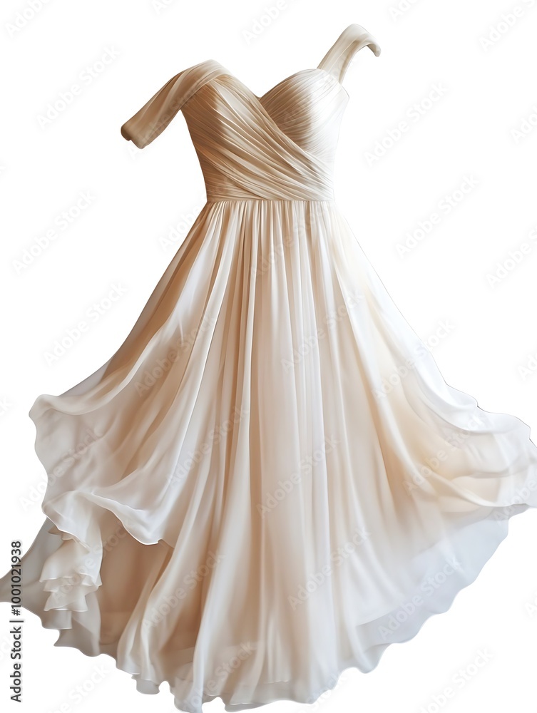 Flowing Off-the-Shoulder Wedding Dress with Ruffles and Pleats. Flowing Off-the-Shoulder Wedding Dress with Ruffles and Pleats.