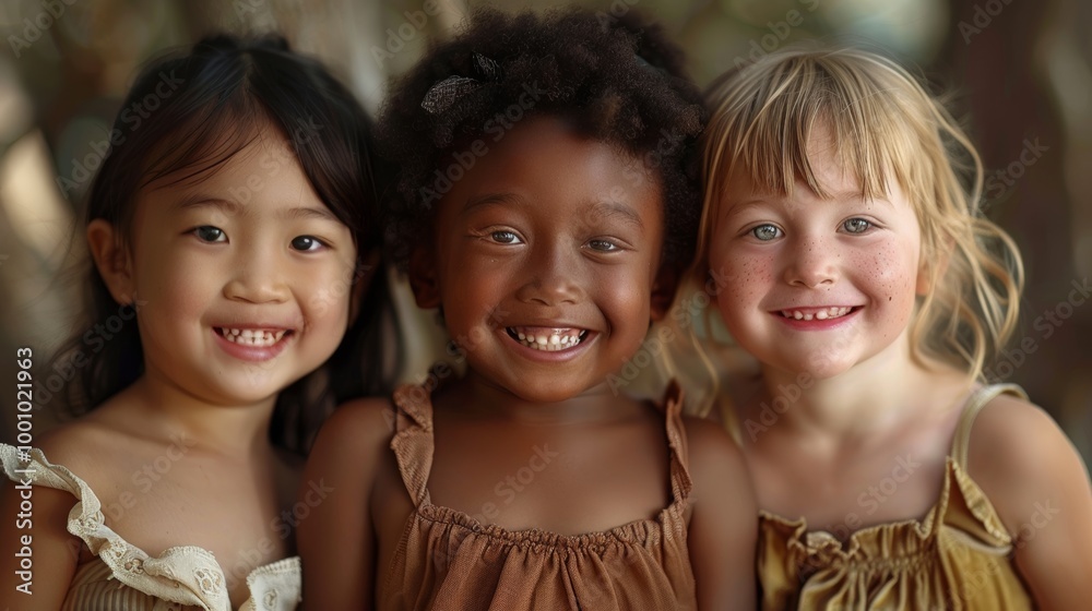Fototapeta premium Three joyful children with different skin tones, smiling warmly