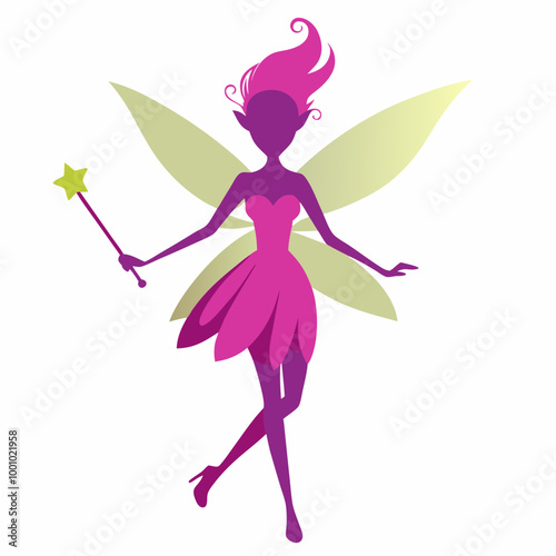 Magical fairy with her wand full body silhouette vector illustration on white background