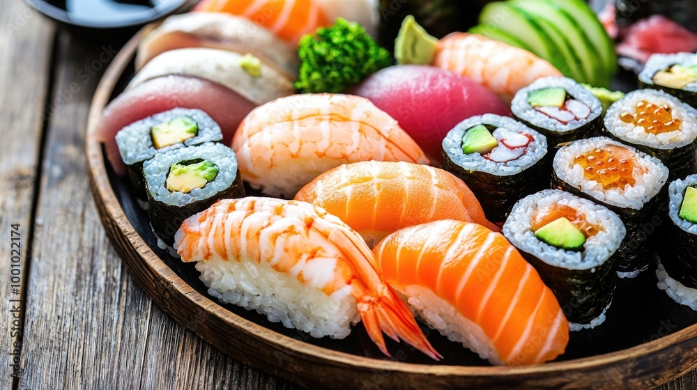 Exquisite sushi platter featuring a variety of fresh rolls Exquisite sushi platter featuring a variety of fresh rolls