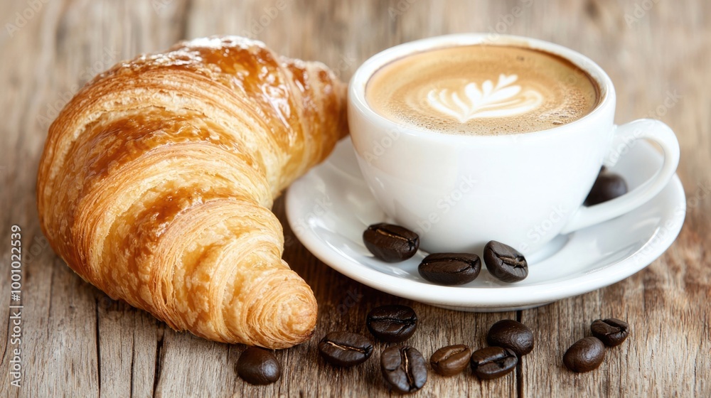 Fresh croissant and latte coffee on a rustic wooden table Fresh croissant and latte coffee on a rustic wooden table