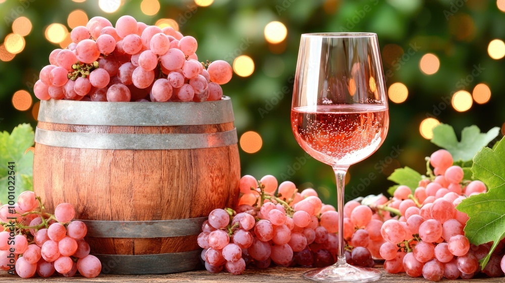 Fototapeta premium Refreshing rosé wine with fresh grapes in a rustic setting