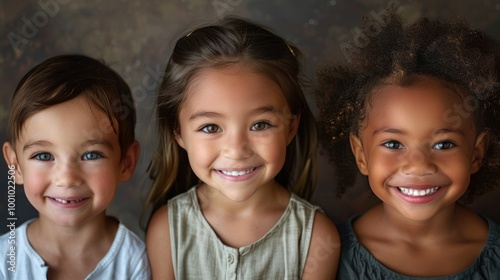 Three joyful children with different skin tones, smiling warmly photo