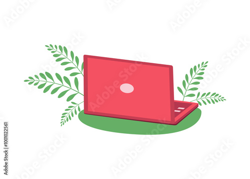 Laptop red color. Computer, Work at home and in the office. Open laptop. Vector illustration. Background isolated.