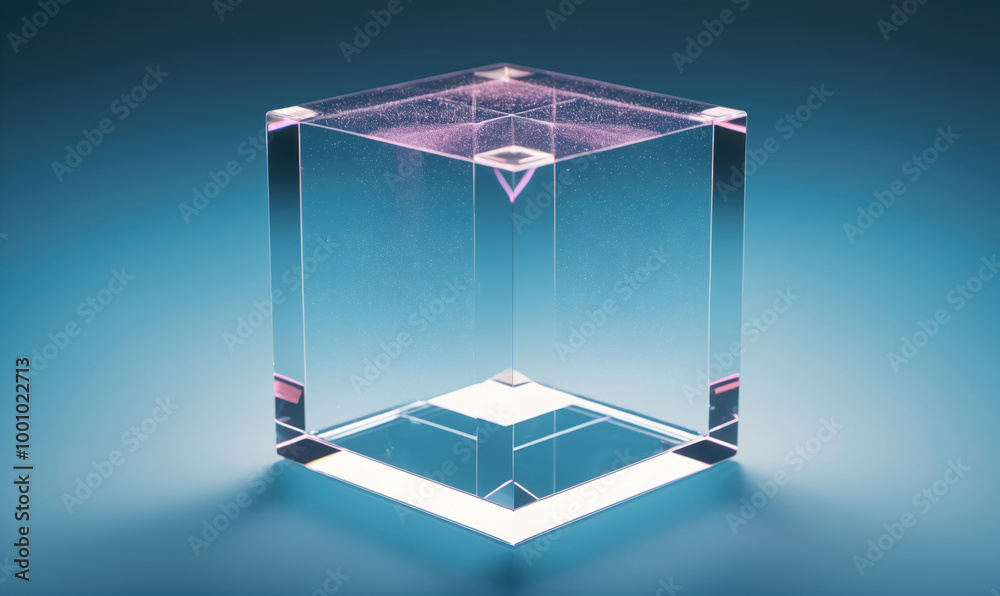 A clear glass cube sits on a blue background A clear glass cube sits on a blue background