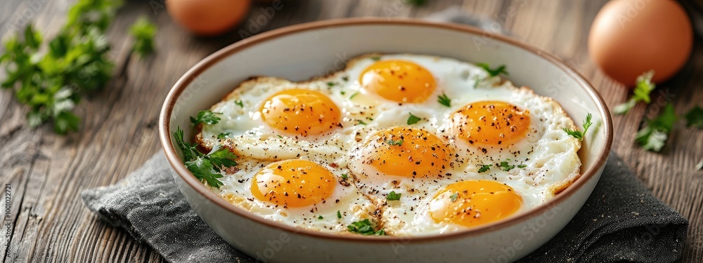 fried eggs in a plate on the table. Selective focus fried eggs in a plate on the table. Selective focus