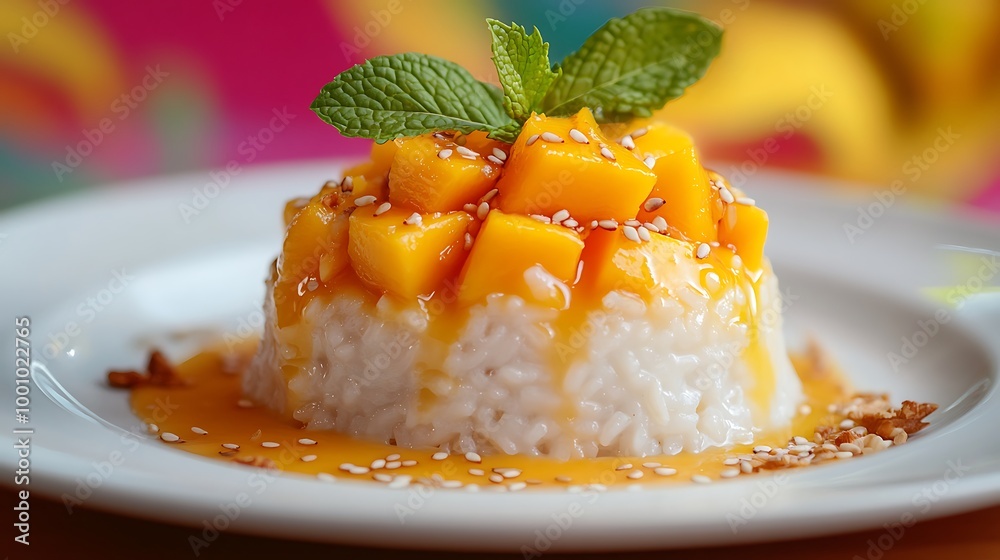 Close-up of a vibrant mango sticky rice dessert garnished with mint leaves and toasted sesame seeds, presented on a white plate against a colorful background. Close-up of a vibrant mango sticky rice dessert garnished with mint leaves and toasted sesame seeds, presented on a white plate against a colorful background.