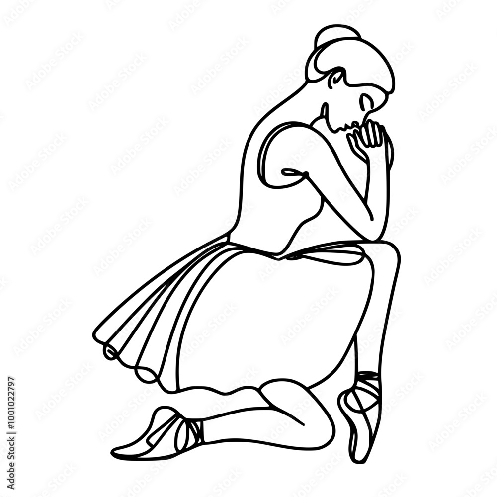 Ballerina sitting on her heel with her elbow resting on her raised knee and her chin supported by her hand, in a thoughtful pose, single line vector outline drawing Ballerina sitting on her heel with her elbow resting on her raised knee and her chin supported by her hand, in a thoughtful pose, single line vector outline drawing