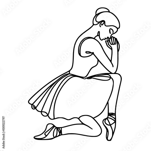 Ballerina sitting on her heel with her elbow resting on her raised knee and her chin supported by her hand, in a thoughtful pose, single line vector outline drawing