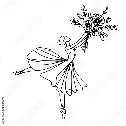 Ballerina standing in pose with leg extended back and arms raised, holding bouquet of flowers, minimalist style, single line vector outline drawing