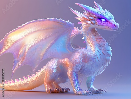 A dragon with iridescent pearllike scales, glowing with pastel colors on a soft blue solid background photo