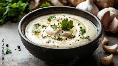 Garlic sauce with ingredients. Traditional middle eastern sauce toum photo