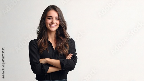 Smiling Woman in Black Shirt with Neutral Background