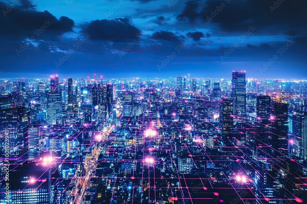 Fototapeta premium city at night with digital lines 