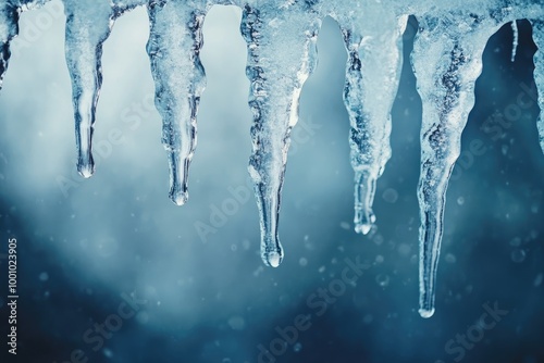 Icicles Hanging Against a Blue and White Blurred Background