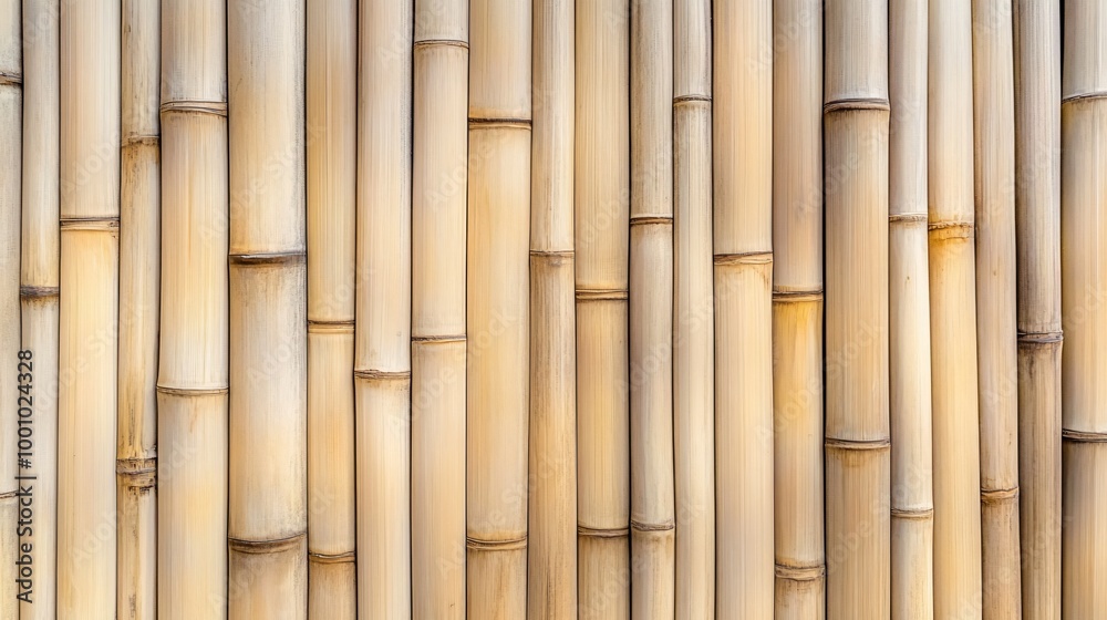 Fototapeta premium Close-up of natural, vertical bamboo stalks in a wood fence texture.