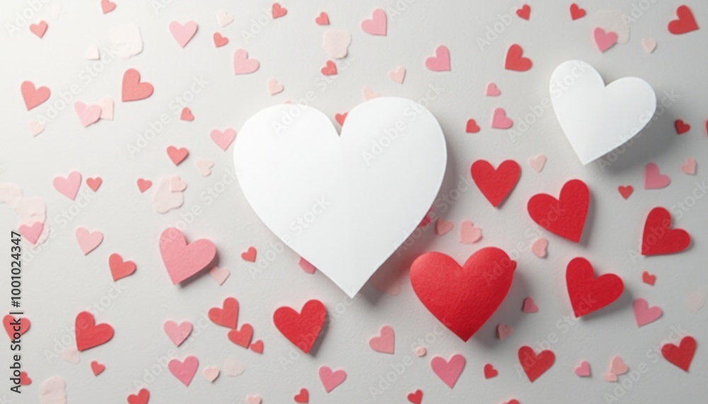A romantic arrangement of white and red hearts scattered on a pink background, creating a playful and loving atmosphere. A romantic arrangement of white and red hearts scattered on a pink background, creating a playful and loving atmosphere.