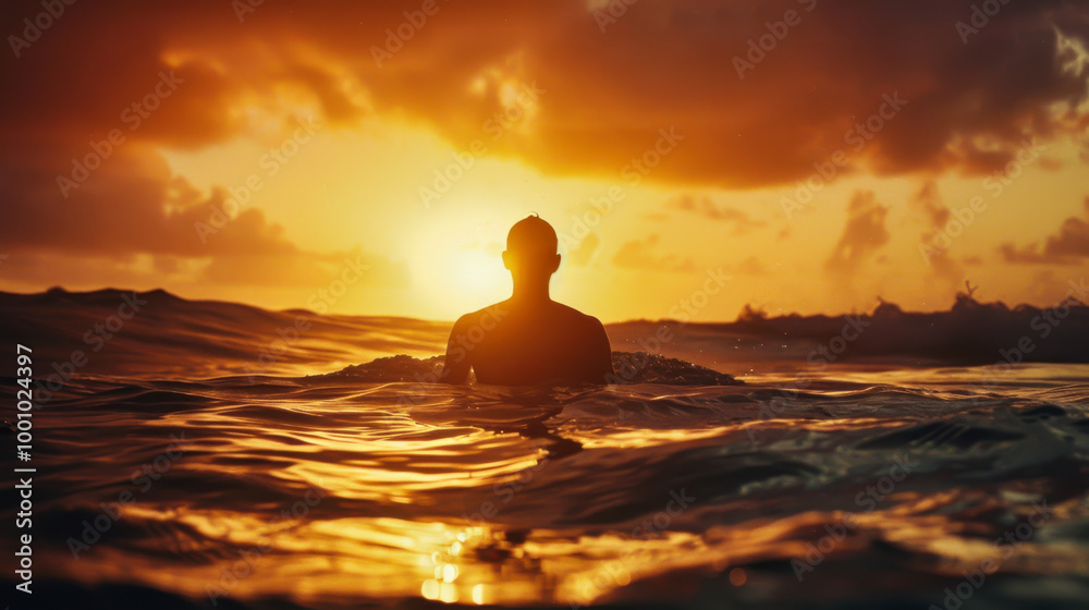 A person wades through ocean water during a vibrant sunset on a warm evening A person wades through ocean water during a vibrant sunset on a warm evening