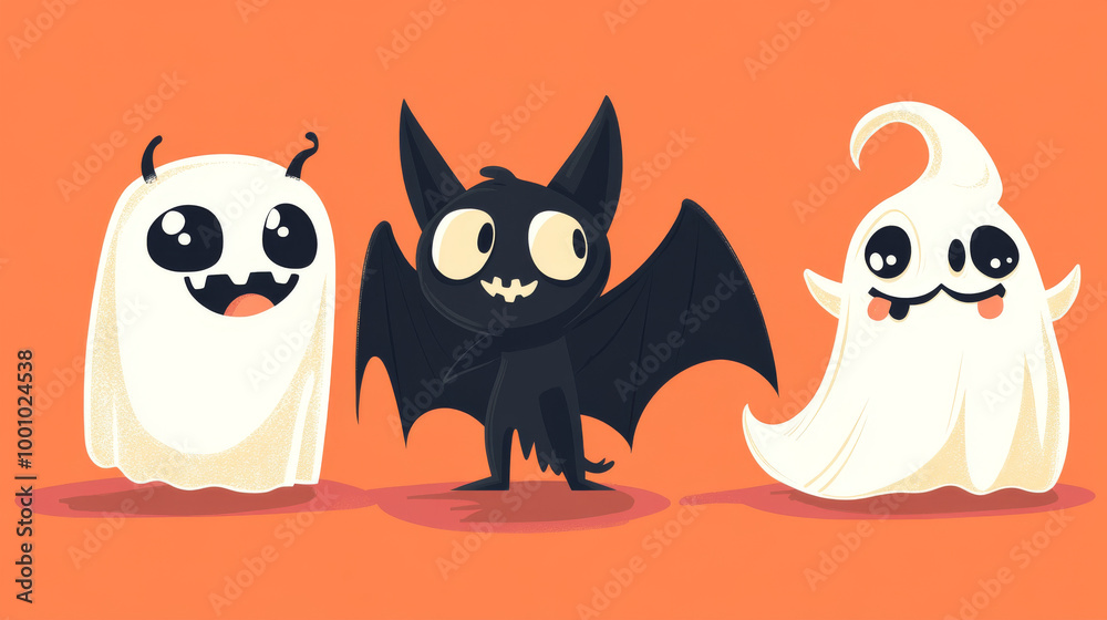 A fun Halloween card with a cute bat, a friendly ghost, and a funny monster. The characters are cartoon-style and have a black outline against an orange background.