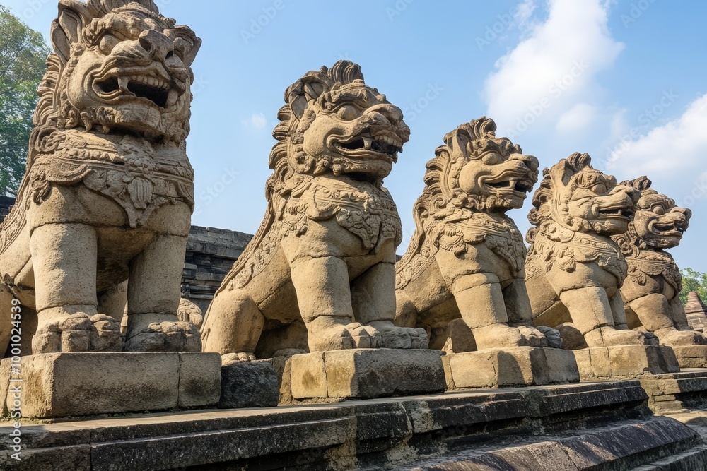 Ornate stone statues of mythical creatures in a temple setting Ornate stone statues of mythical creatures in a temple setting