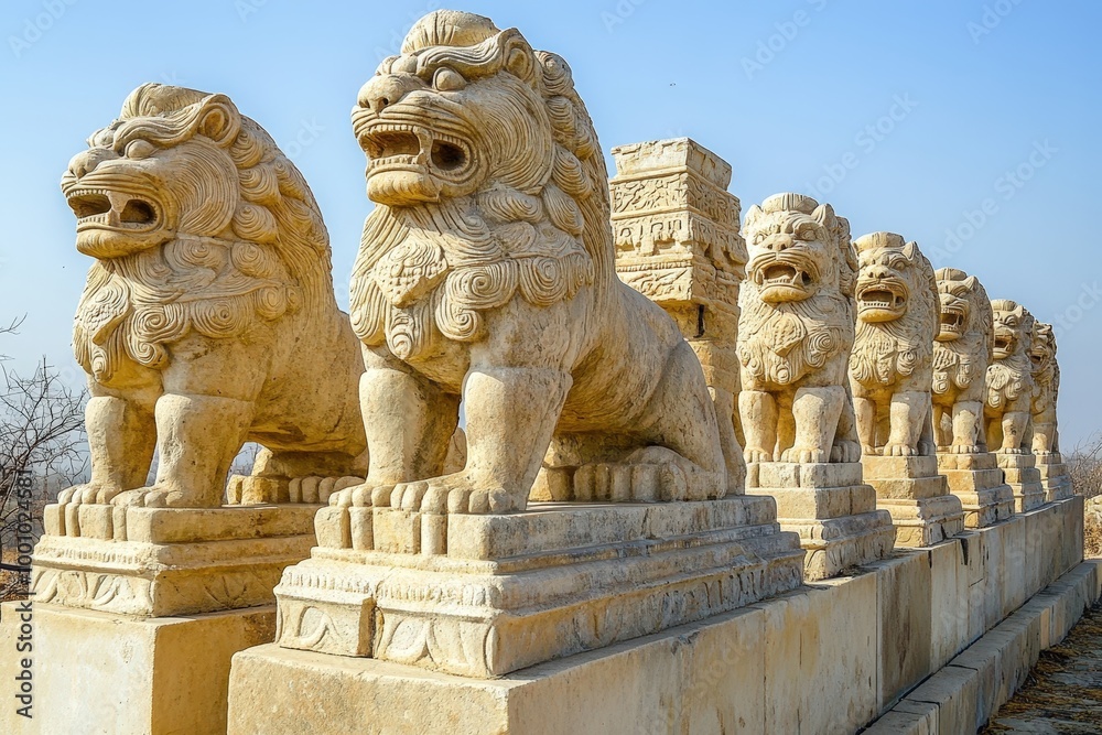 Impressive row of ancient stone lion statues Impressive row of ancient stone lion statues