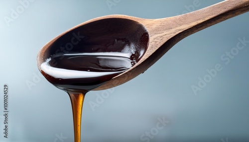 Molasses is a viscous byproduct, principally obtained from the refining of sugarcane or sugar beet juice into sugar.  Dripping off wooden spoon isolated on white background with copy space photo