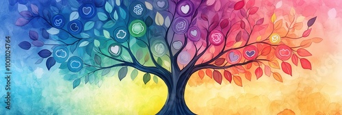 Vibrant Watercolor Tree with Symbolic Leaves Reflecting Mental Health and Growth for Awareness Campaigns