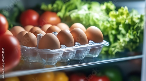 Fresh eggs and lettuce displayed inside a well-lit fridge