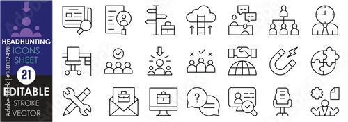 A set of line icons related to Headhunting. Head, job, profession, boss, ways, choice, attract, success, interview, and so on. Vector editable stroke.