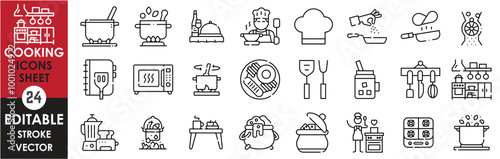 A set of line icons related to cooking. Cook, stove, dinner, kitchen, utensils, juice, recipe, blender, chef, and so on. Vector editable stroke.