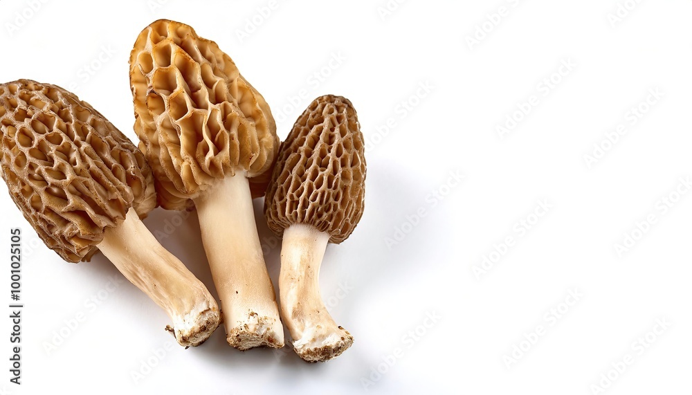 Morchella or morel is a genus of edible sac fungi that have a honeycomb appearance with ridges and pits composing their caps. Morels are prized by gourmet cooks. Isolated on white with copy space Morchella or morel is a genus of edible sac fungi that have a honeycomb appearance with ridges and pits composing their caps. Morels are prized by gourmet cooks. Isolated on white with copy space
