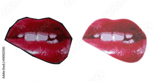 red kiss sticker, sexy lips isolated on white, sexy lips halftone. Lipstick glamour vector Collection