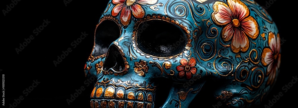 Fototapeta premium Vibrant sugar skull with intricate floral designs, ideal for Day of the Dead celebrations, altars, and cultural events, invoking remembrance and festivity.